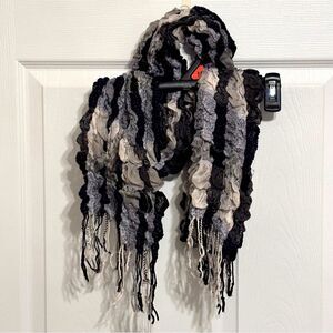 Beautiful Soft Black Grey Women’s Striped Ruffled Long Head Scarf Chic Fringe OS